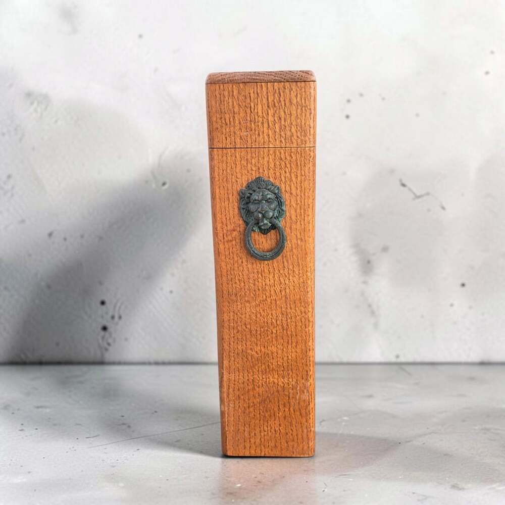 Vintage Oak Fireplace Match Box With Brass Lion Door Knocker